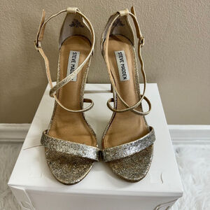 Steve Madden Feliz Women’s Gold Glitter Strap Stilettos Heels Party Shoes  7.5M